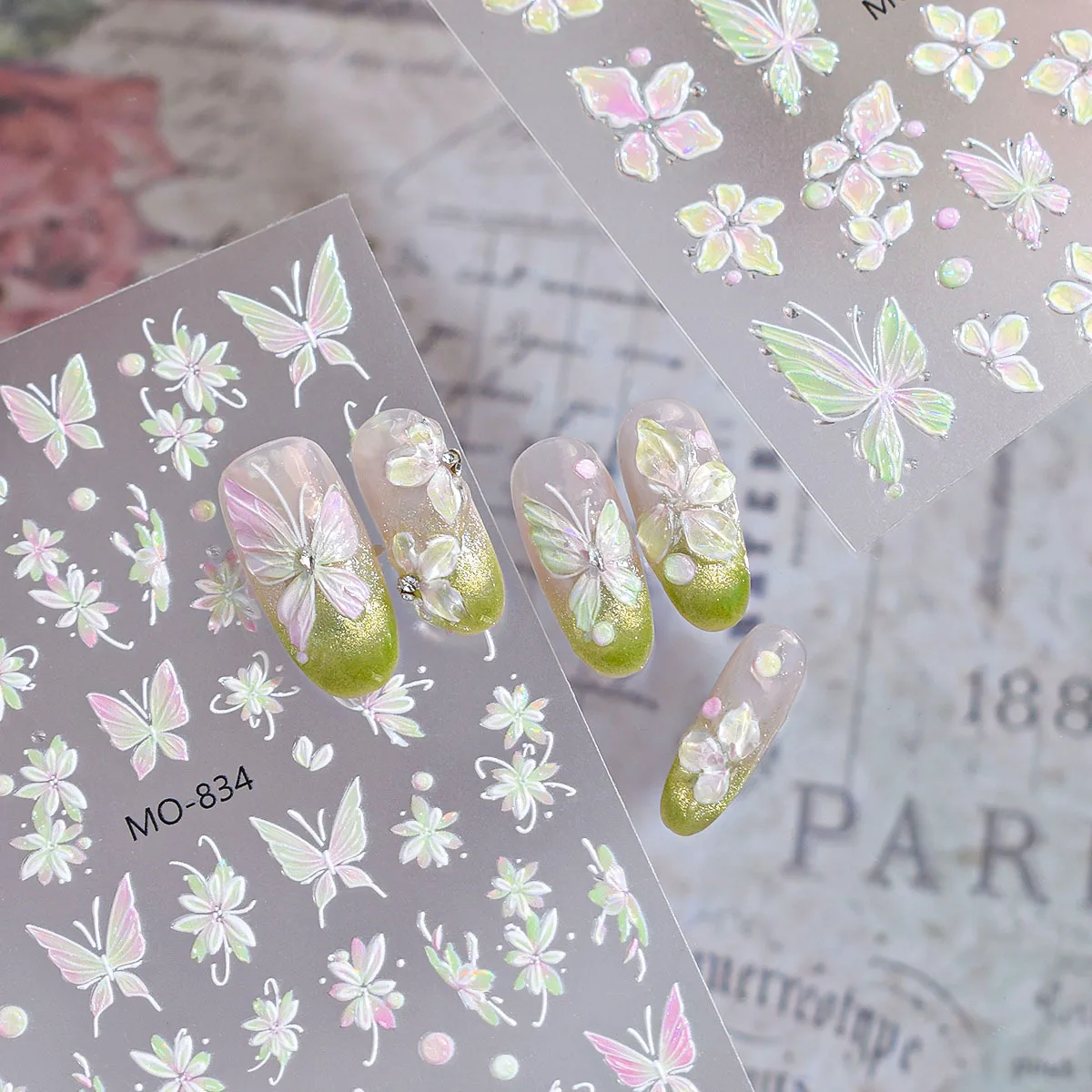 1Pcs Ice Flower Butterfly Nail Stickers Embossed 3D Aurora Iridescent Five‑petal Flowers DIY Press On Nails Decor Decals