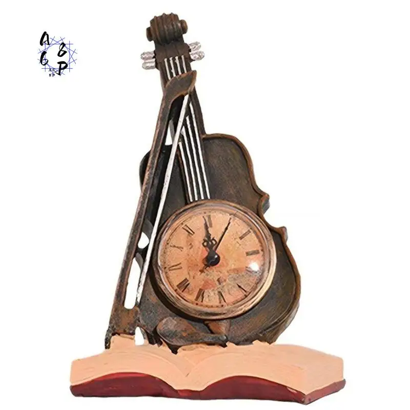 A68P-Violin Clock Desk Decor Resin Violin Clock Figurine Vintage Violin Shaped Clock Desk Clock Guitar Ornament Home Decor