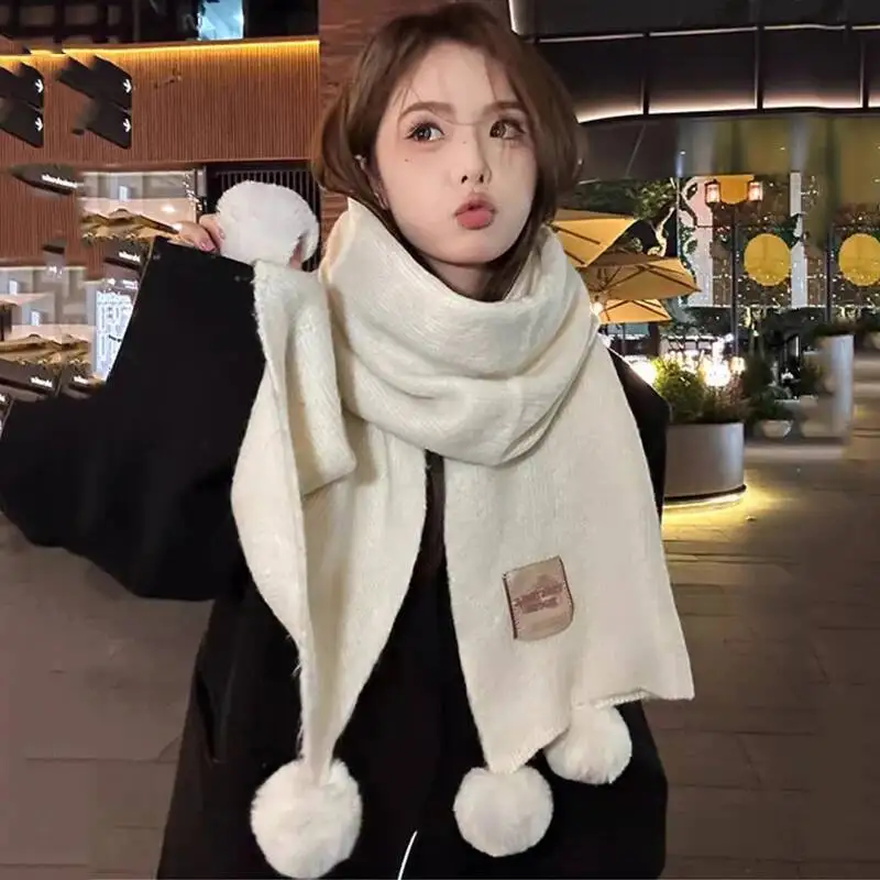 

Модный мягкий вязаный шарф с меховыми шариками и кисточками, женский зимний теплый шерстяной шейный платок, милый элегантный