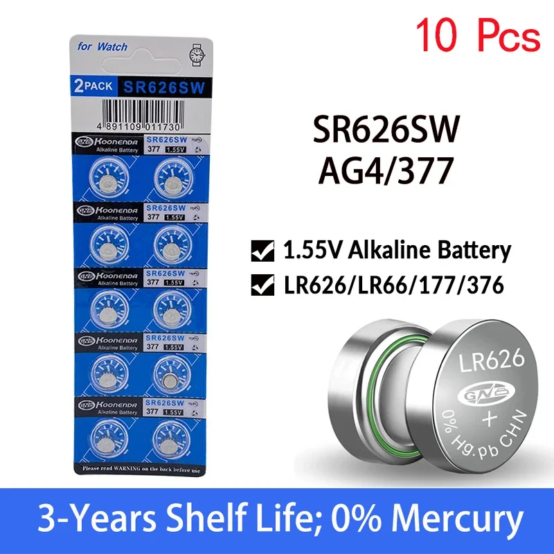 10 Uds SR626SW LR626 AG4 batería de botón LR66 377 377A 1,5 V botón alcalino pilas para reloj juguetes coche pila de moneda