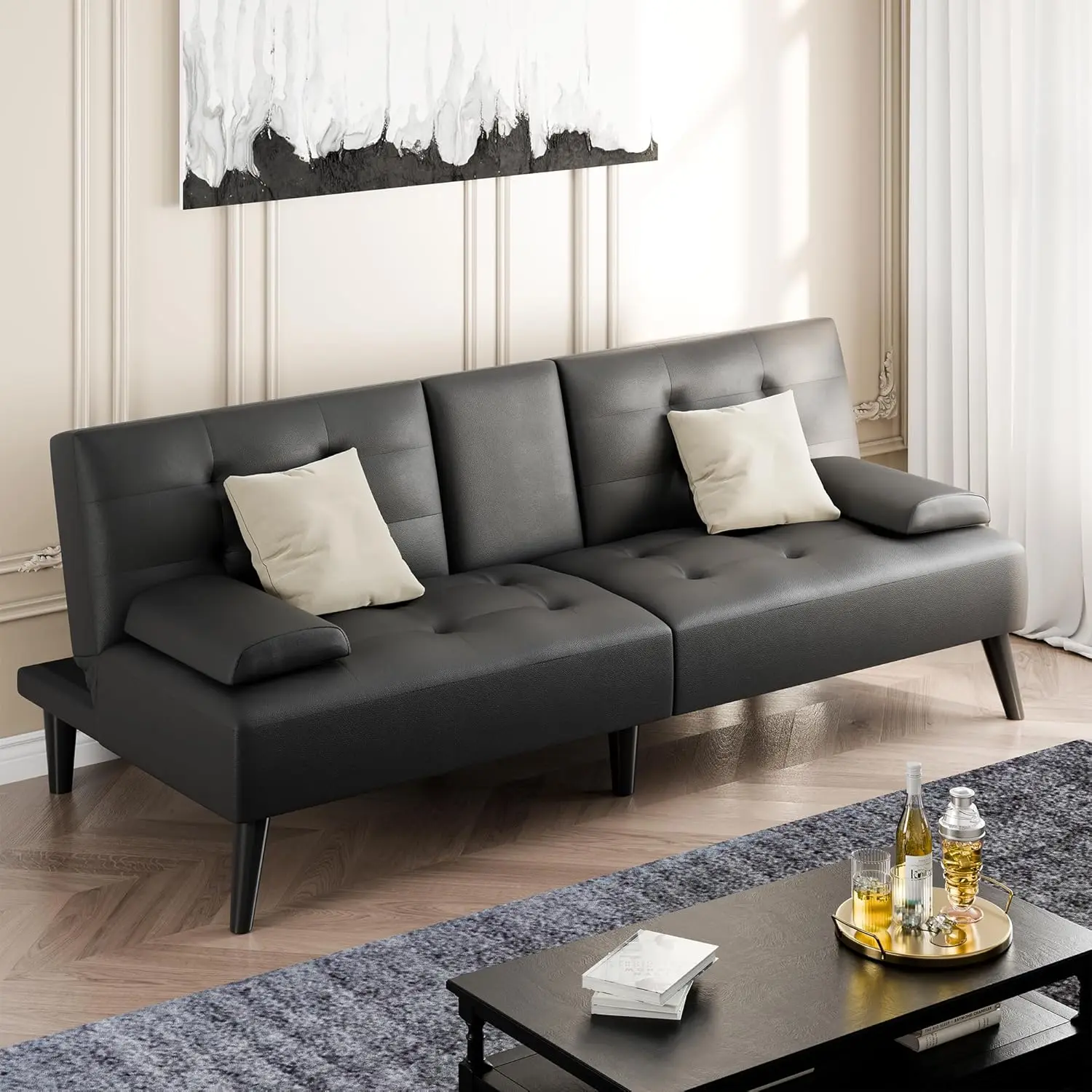 

Futon Sofa Bed, Leather Reclining Sleeper with Removable Armrests, Black