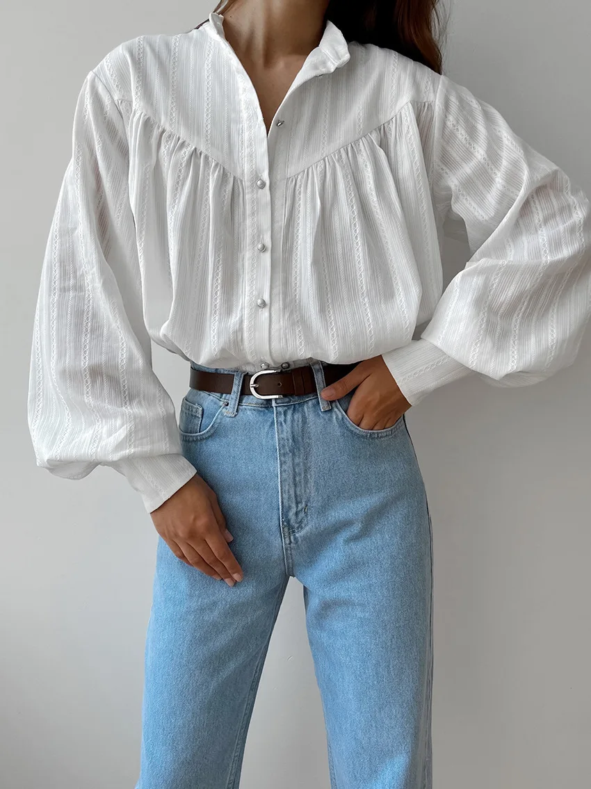 

Spring Autumn New 100% Cotton White Shirts Women Long Lantern Sleeve Stand Collar Loose Blusas Tops Female Casual Blouses Shirts