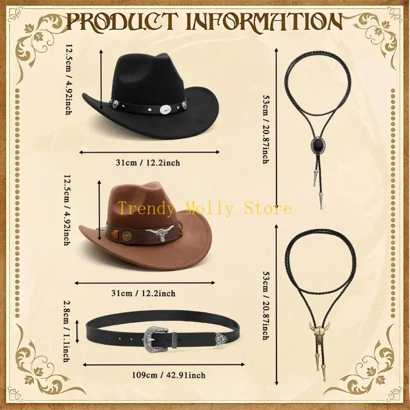 N5KB 3Pcs Western Cowgirl Outfits Cowgirl Costume Accessories Cowgirl Hats Belt