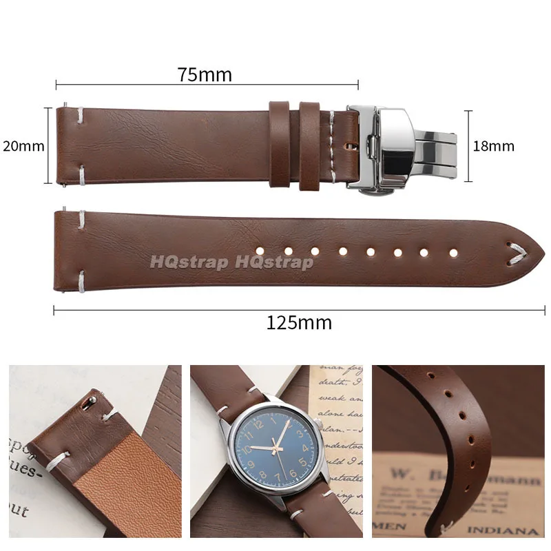 レザー時計バンド 18mm 20mm 22mm 牛革ストラップ バタフライバックル クイックリリースブレスレット セイコー用 ロレックス用 オメガ用 リストバンド