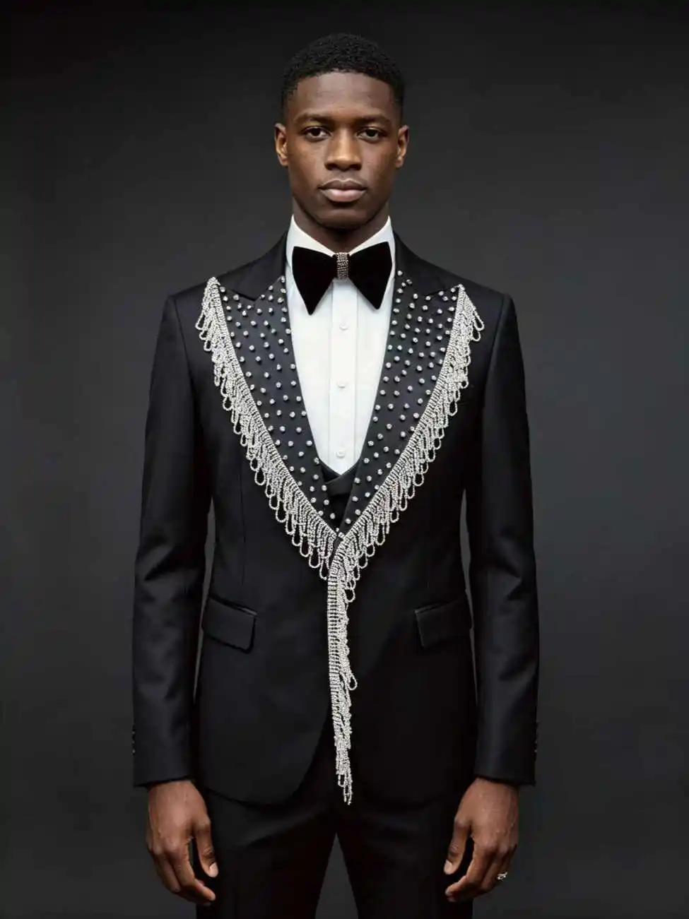 Luxury Black Rhinestone Tassel Men Suit 2‑Piece Set Notch Lapel Jacket Pants For Prom Party Gala Formal Occasion Customized