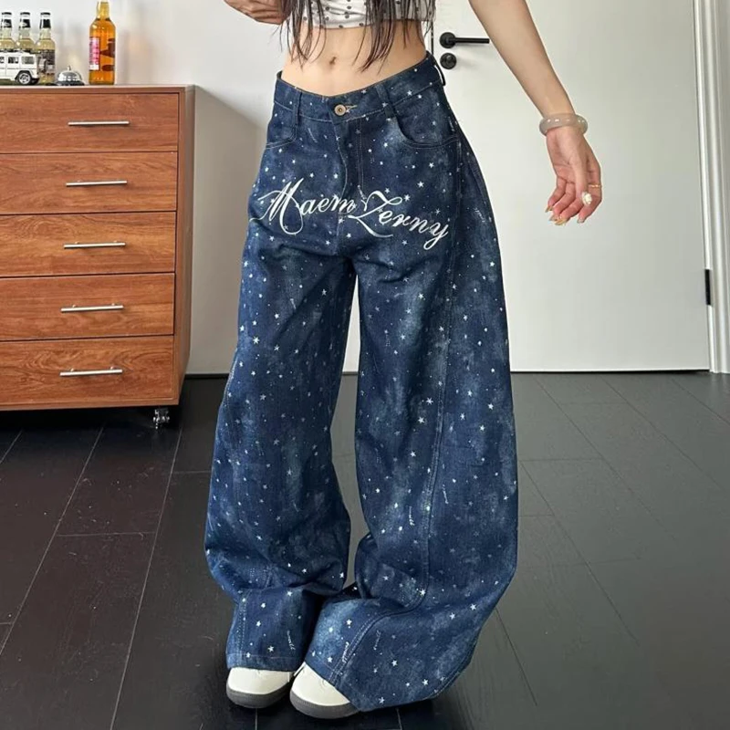 Y2K Streetwear Jeans Women Letter Star Print Loose Casual Wide Leg Denim Pants Vintage Harajuku High Waist Straight Trouser New