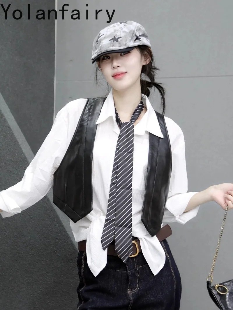 YOLANFAIRY Real Sheepskin Leather Vests Woman Fashion SlimShort Waistcoat Black Genuine Leather Sleeveless Outer Layer Vest Coat