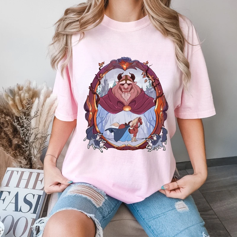 

Летняя мода 2025 года, новая сказка в качестве времени, ретро футболка с красивым зверем, футболка принцессы, повседневная футболка с принтом Belle Princess