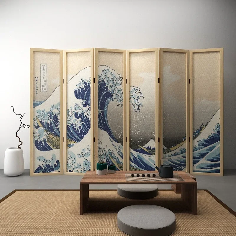Japanese screen partition fashion living room hotel office solid wood folding simple wave fabric semi-transparent mobile folding