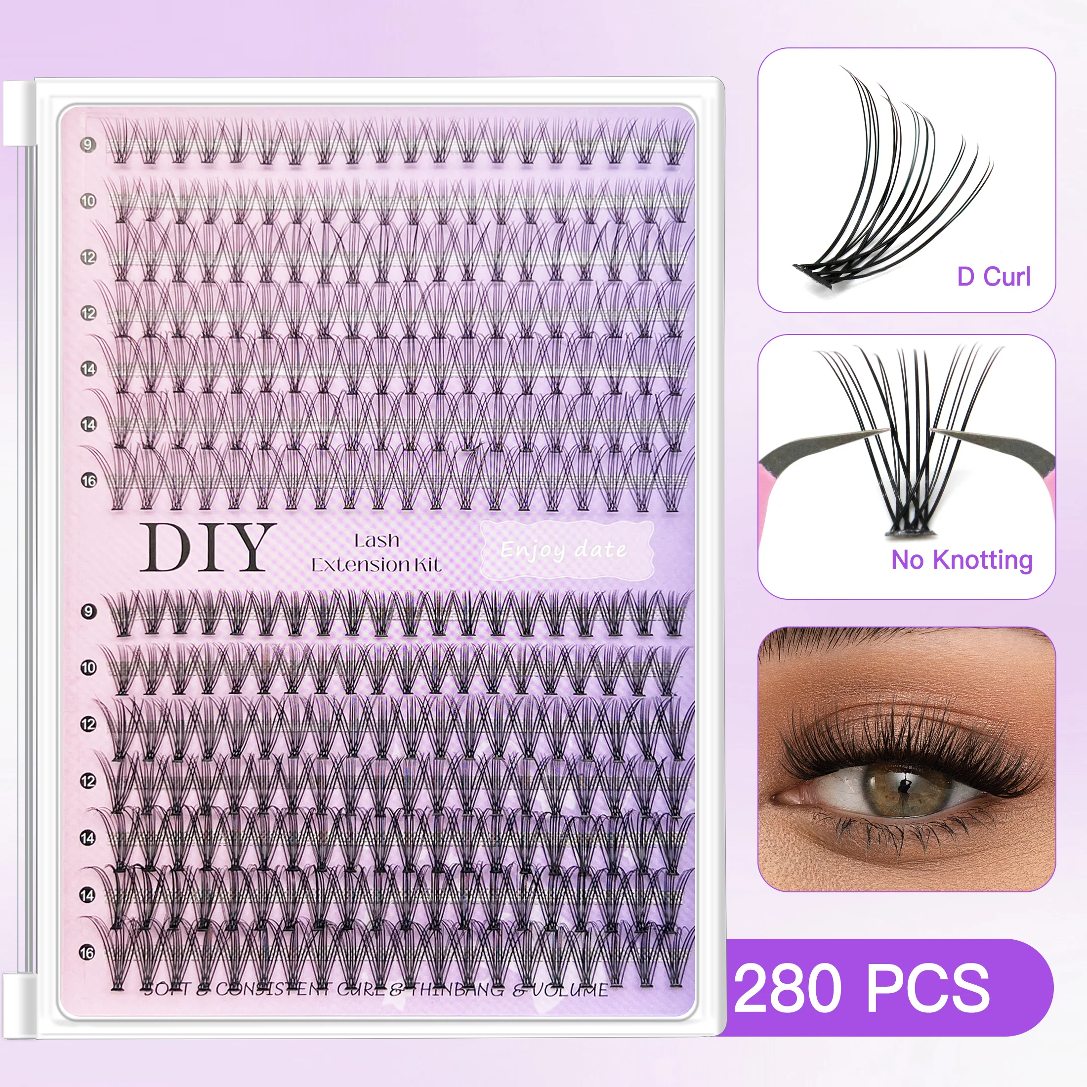 DIY まつげエクステンションキット 280 個 D カールうっすらふわふわラッシュクラスター、つけまつげセット、接着剤メイクアップツール & アクセサリー付き