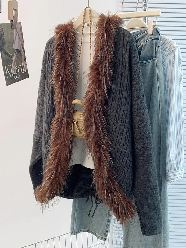 

plus Size Knitted Sweater Women's Winter Faion Loose Outerwear Top Trendy Splicing Mink Fur Patchwork High-End Feeling