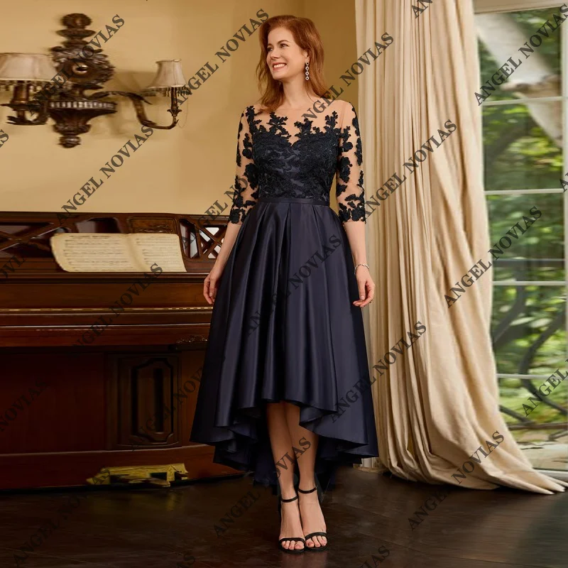 

Customized Black High Low Satin Mother of the Bride Dresses with Buttons Wedding Guest Dress vestido madre del novia