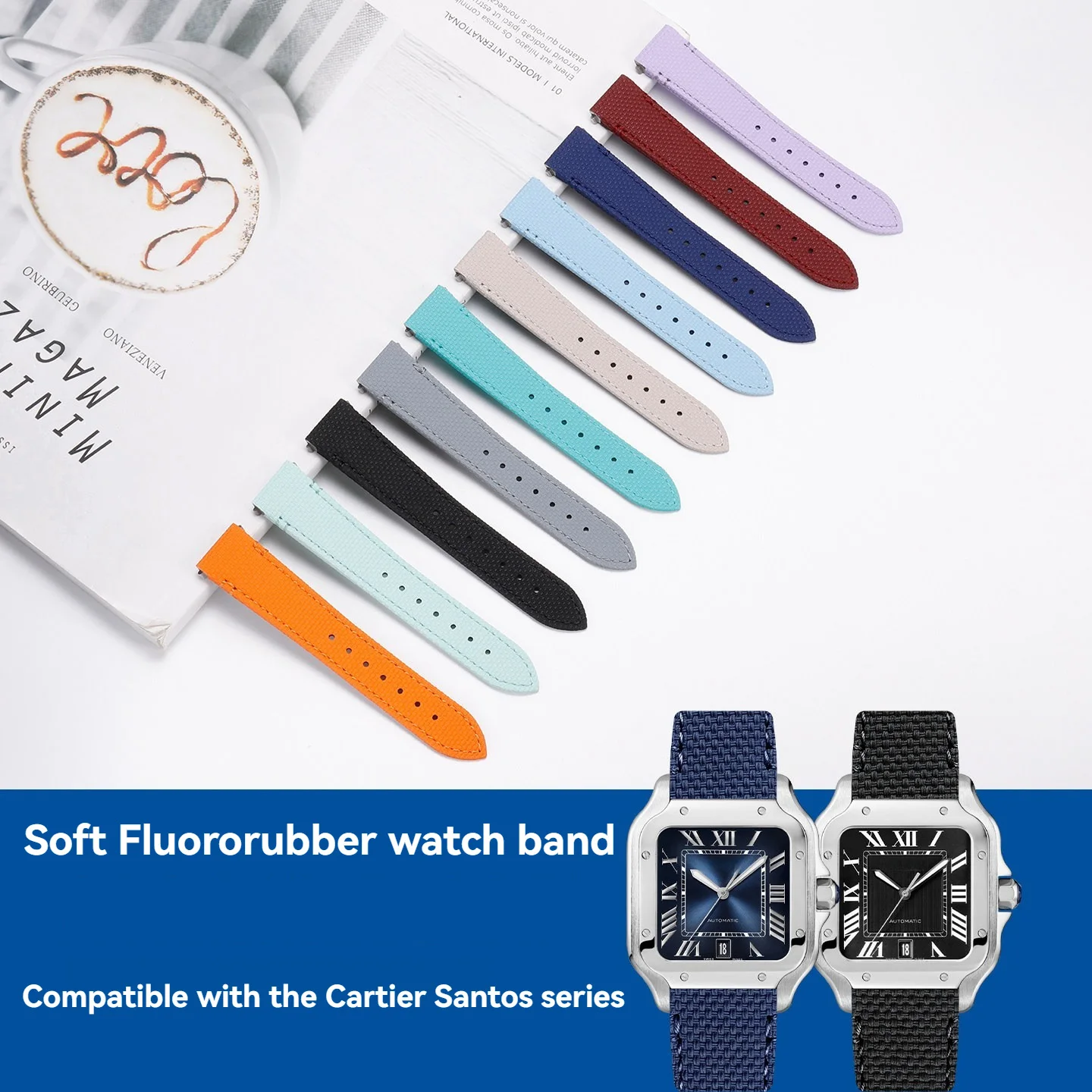 

19 21mm Fluororubber Watch Band for Cartier Santos WSSA0010 WSSA0009 Quick Release Replacement Strap for large medium small mode