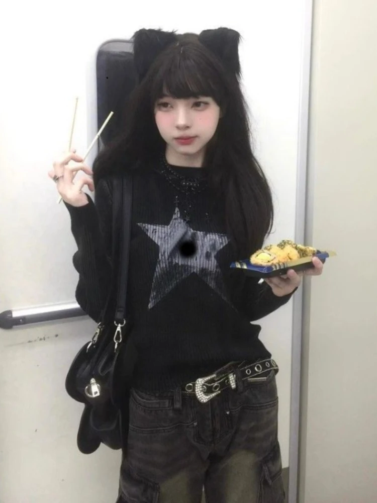 

Футболки с принтом черной звезды в американском стиле ретро, осень 2022, новая облегающая футболка Y2k, топ с длинными рукавами для женщин, свитер