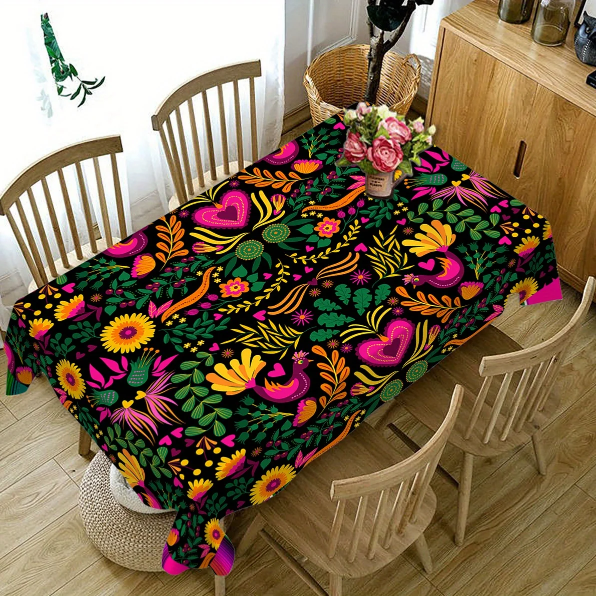 Mexican Day of The Dead Floral Birds Waterproof Tablecloth Table Decor Reusable Kitchen Dining Tablecloth Holiday Party Decor