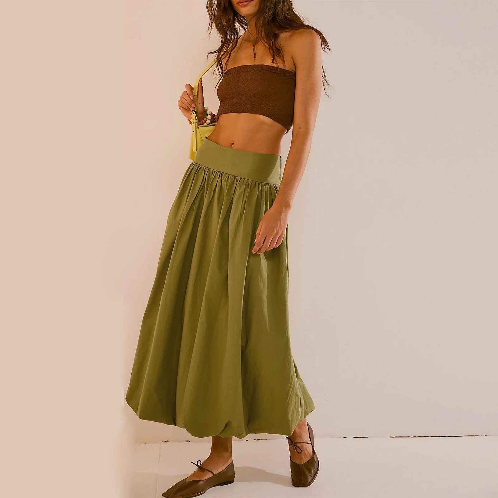 

Women Retro y2k Bubble Maxi Skirts Low Elastic Waist A Line Long Skirts Summer Casual Pleated 2000s Aesthetic Midi Dress