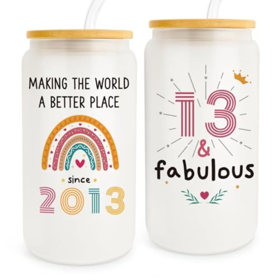 13th Birthday Gifts for Girls, Fabulous 13 Birthday Glass Cup Gift for 2013 Born Teens, Happy 13th Bday Present for Daughter Ni