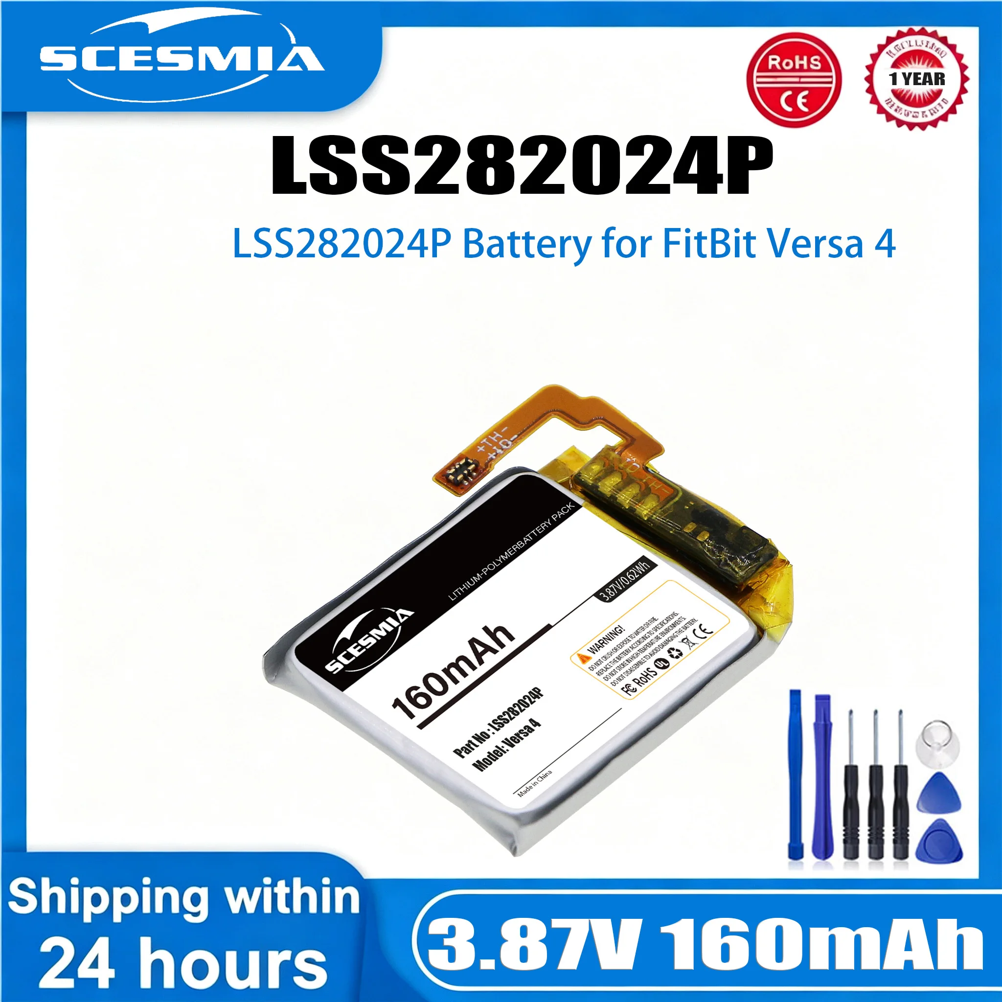 Smartwatch Battery For Fitbit:Versa 4,LSS282024P,--160mAh / 0.62Wh--Li-Polymer--3.87V