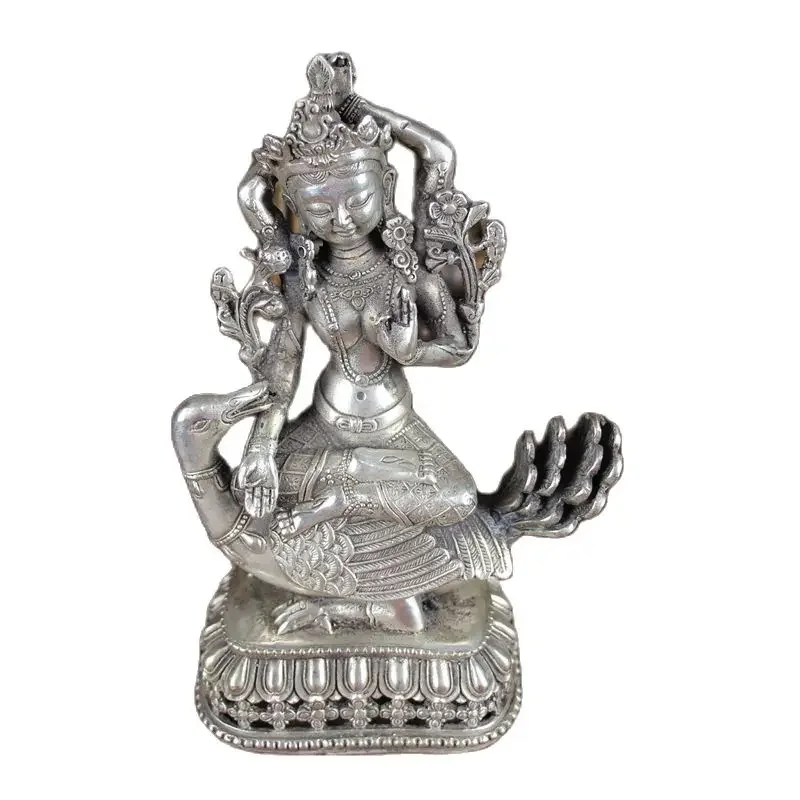 china-old-feng-shui-homeornaments-plate-with-silver-four-hand-guanyin-statue