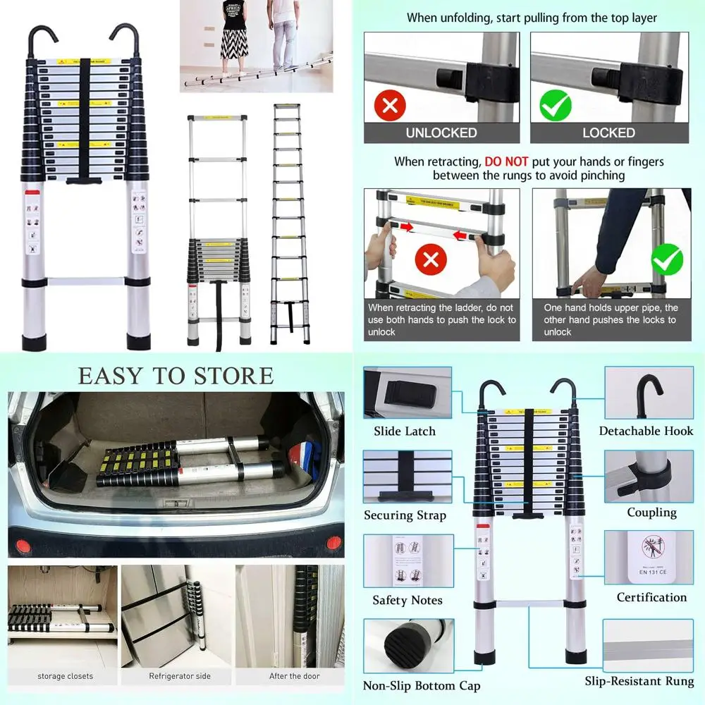 سلم تمديد من الألومنيوم عالي التحمل قابل للطي مع خطافات قابلة للفصل، غير قابل للانزلاق، متعدد الأغراض للاستخدام الخارجي والداخلي