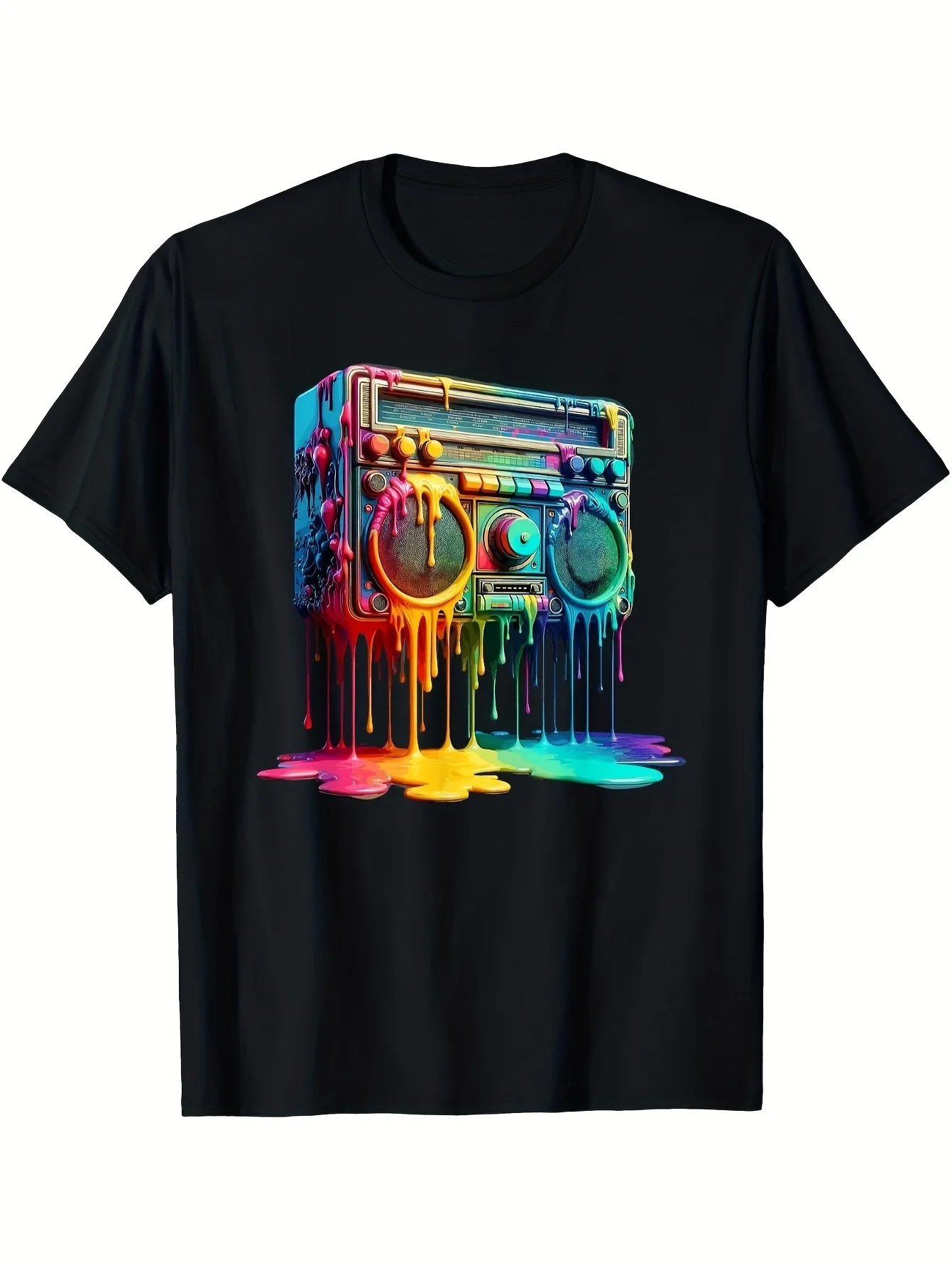 Men'S Vintage 80S Hip Hop Boombox Graphic Tee Featuring a Neon Splatter Design of a Cassette Tape. This Black Shirt Offers a Comfortable Fit with a Round Neck, Perfect for Casual Outings in Spring, Su