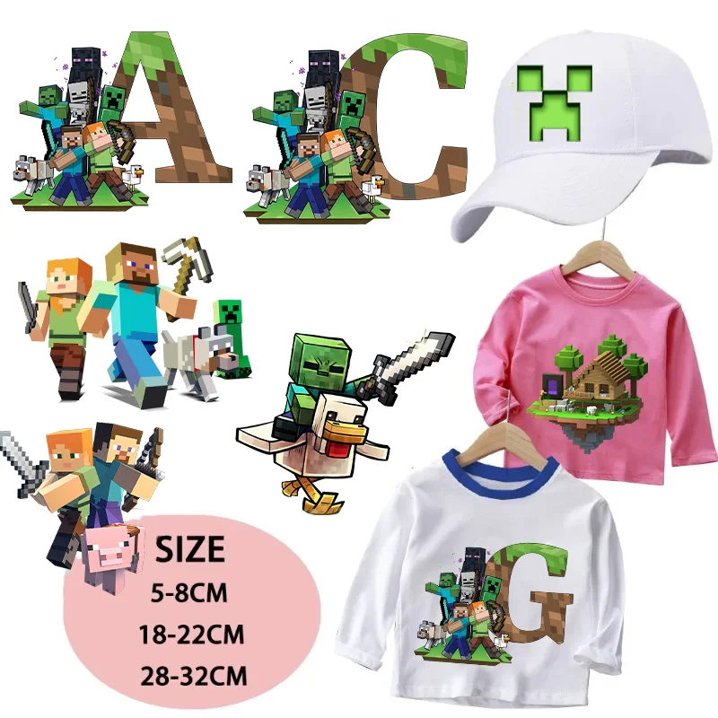 Parche Termoadhesivo de Dibujos Animados de Minecraft, Letras, Transferencia Térmica, Calcomanías para Camisetas, Parches para Niños, Adhesivos para Ropa, Manualidades