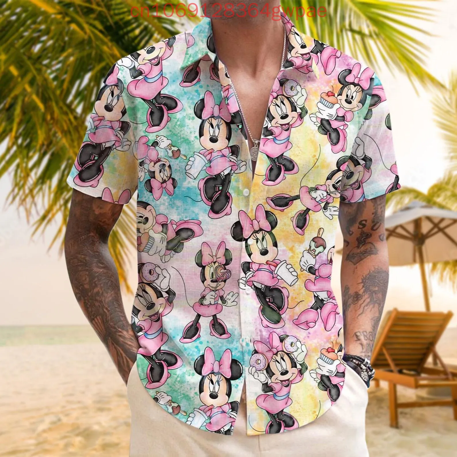 

Disney Minnie Watercolor Hawaiian Beach Shirts Men's Women's Children Summer Leisure Vacation Short Sleeve Button Hawaii Shirts