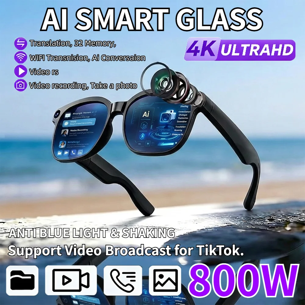 

AI Smart Glasses 4K HD Photo Camera Video Recording Translator Image Recognition Bluetooth Computer Glasses Voice Assistant