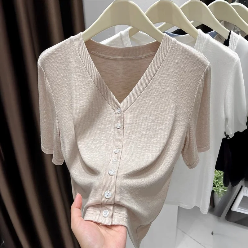 

Women's V-Neck Button Down Ruched Knit Top Summer Short Sleeve Casual T-Shirt