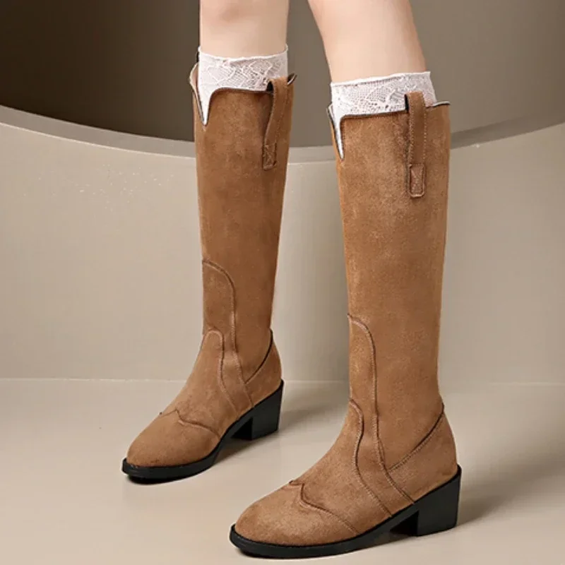 Winter New Suede Casual Pointed Toe Square Heel Women's Boots Fashionable Knee-length Comfortable Warm Sexy Fashion Boots