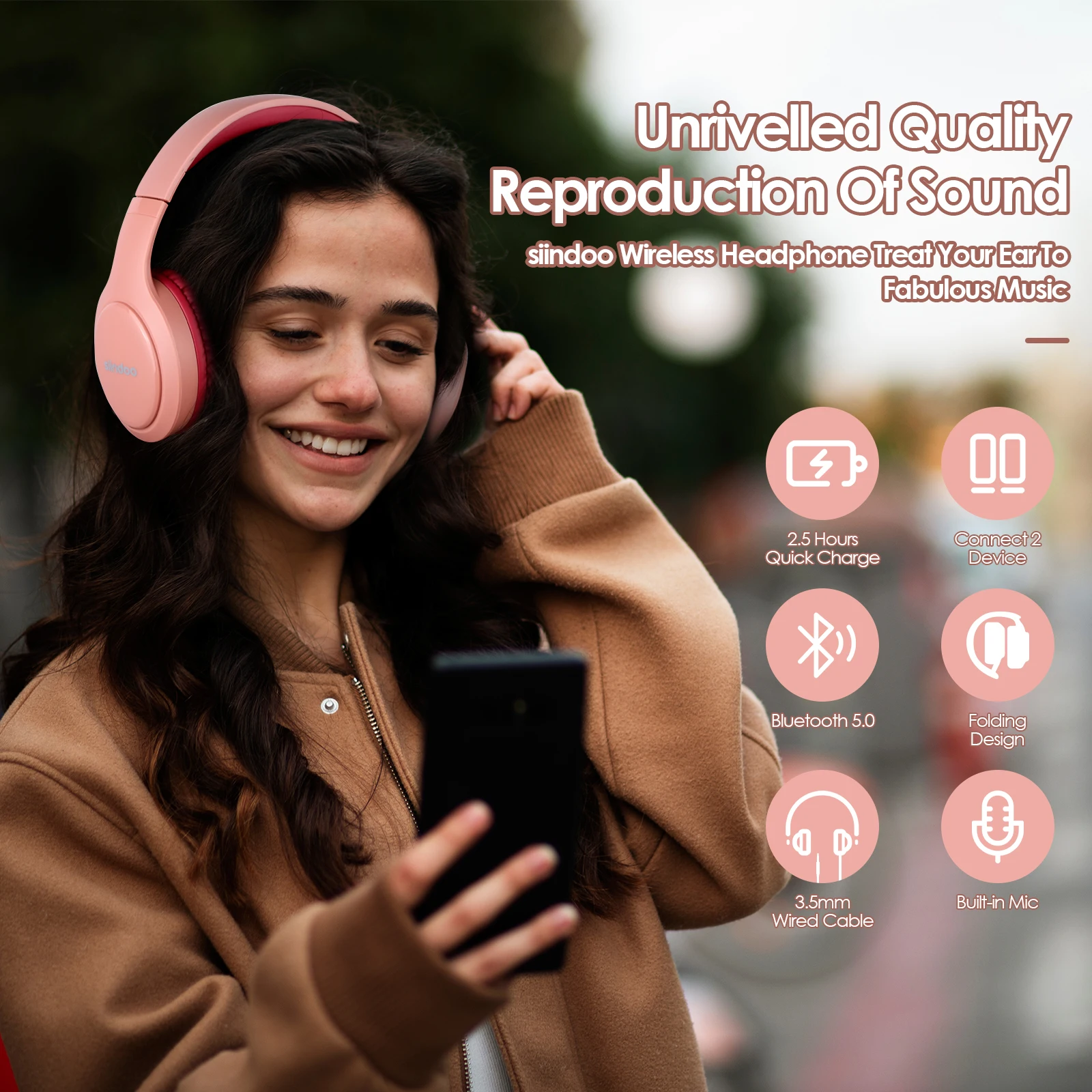 Siindoo JH-919 Wireless Bluetooth Headphones Pink Foldable Stereo Earphones Super Bass Noise Reduction Mic For Laptop PC TV