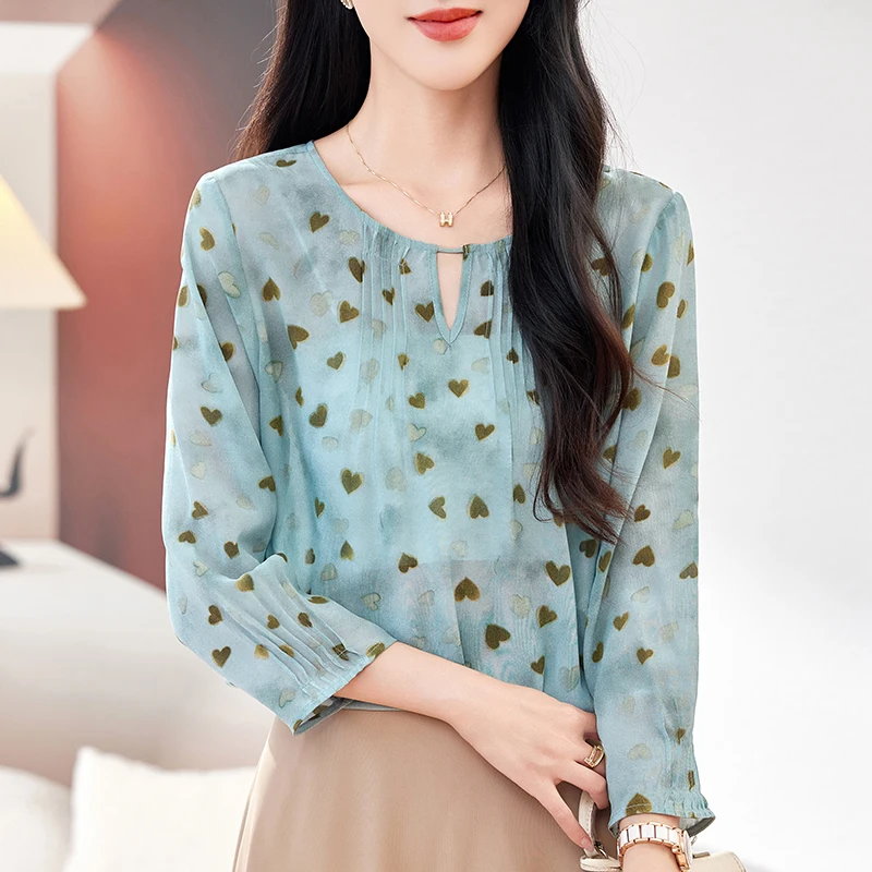 

100% Real Silk Shirts & Blouses for Women Three Quarter Sleeve Casual Women's Print Shirt Loose Tops Office Lady Elegant Blouse