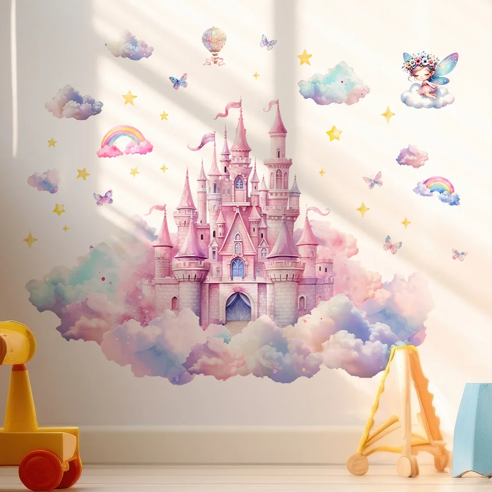 girls room decoration pink castle cloud wall sticker rainbow fairy self adhesive wall decal