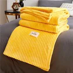Striped Yellow Solid Blanket Flannel Soft Adults Bed Cover Winter Warm Stitch Fluffy Bed Linen Bedspread for Sofa Bedroom Decor