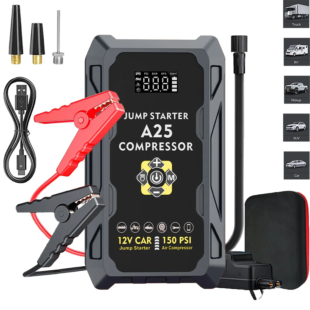 Multifunctional 12V Car Emergency Jump Starter with Air Compressor Portable Power Bank LED Light Battery Booster