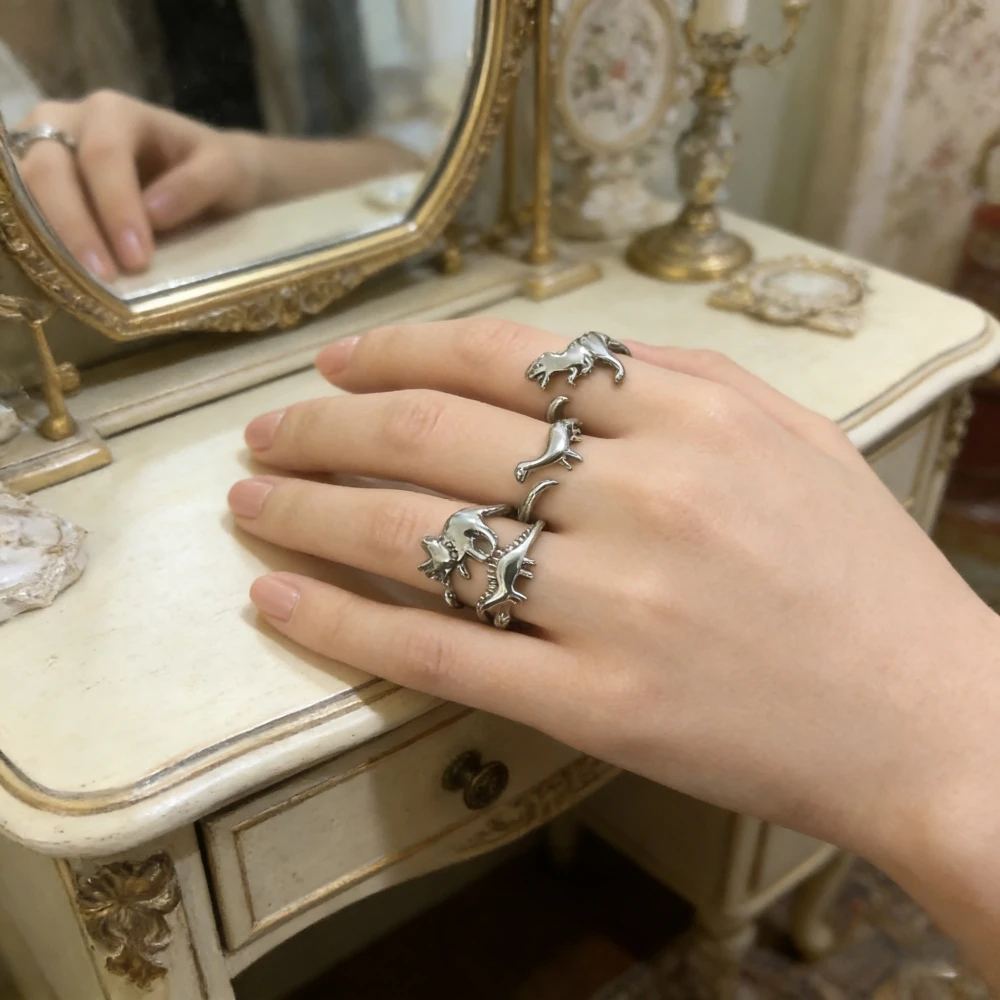 925 Silver Plated Fashionable and Environmentally Friendly Copper Dinosaur Ring Y2K Style Adjustable Declaration Ring for Women