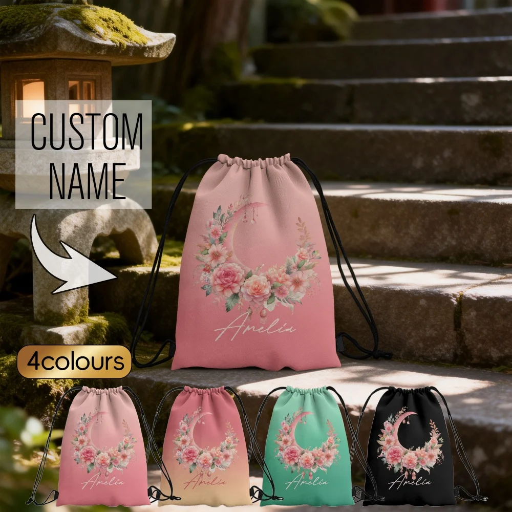 Custom Name Moon Floral Drawstring Backpack Personalized Flower Crescent Sackpack Lightweight Travel Gym Drawstring Bag Gift