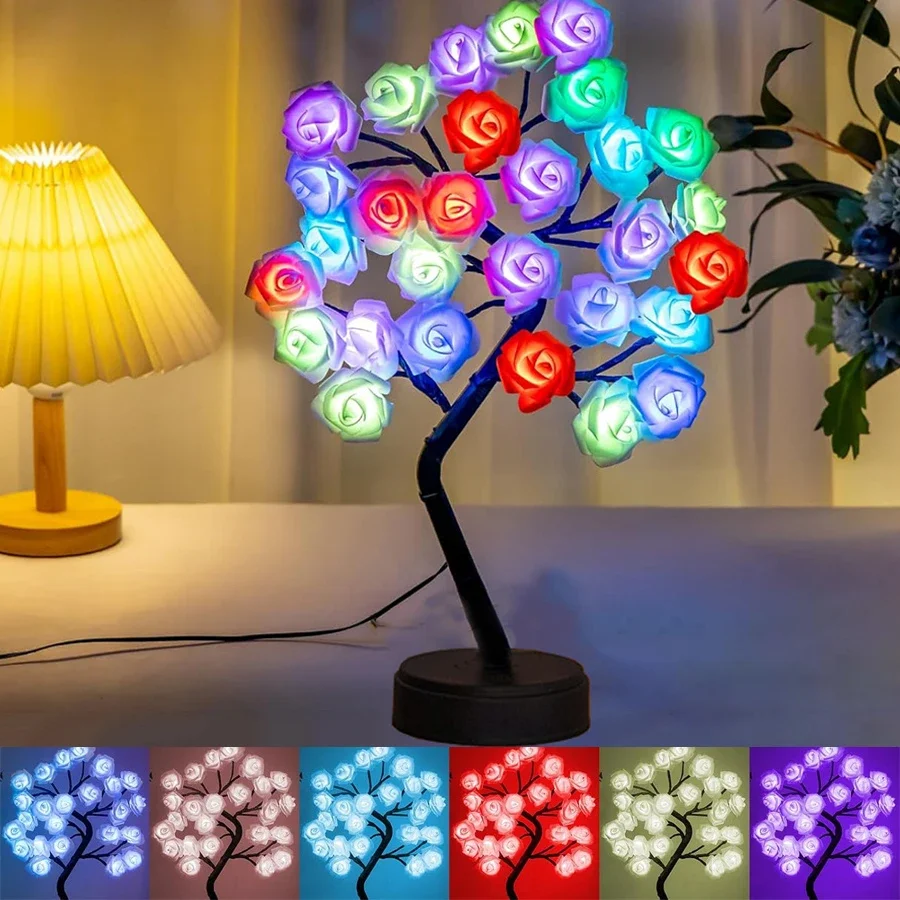 RGB Color Changing Lighted Rose Tree Lamps with Remote Rose Flower Table Lamp 24 LED Lighted for Valentine's Day Wedding Decor