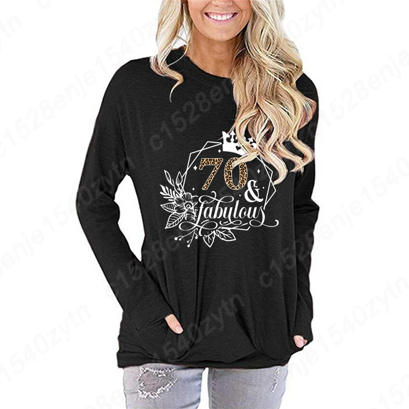 

Women's Long Sleeve Round Neck Casual Blouse With Pocket Fashion 70 & Fabulous Print Solid Color Pullover Loose Tunic Sweatshirt