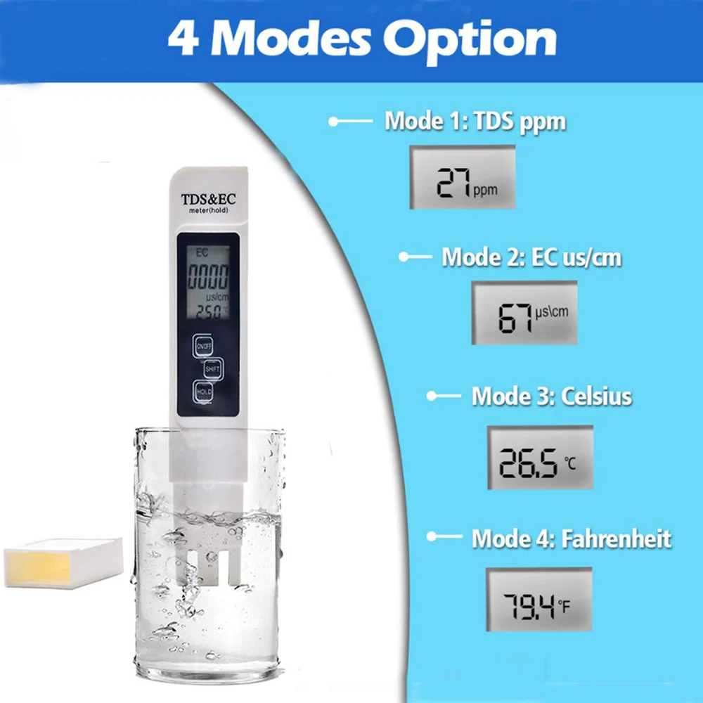 1PC White Digital Water Quality Tester TDS EC Meter Range 0 to 9990 Multifunctional Water Purity Temperature TEMP PPM Tester