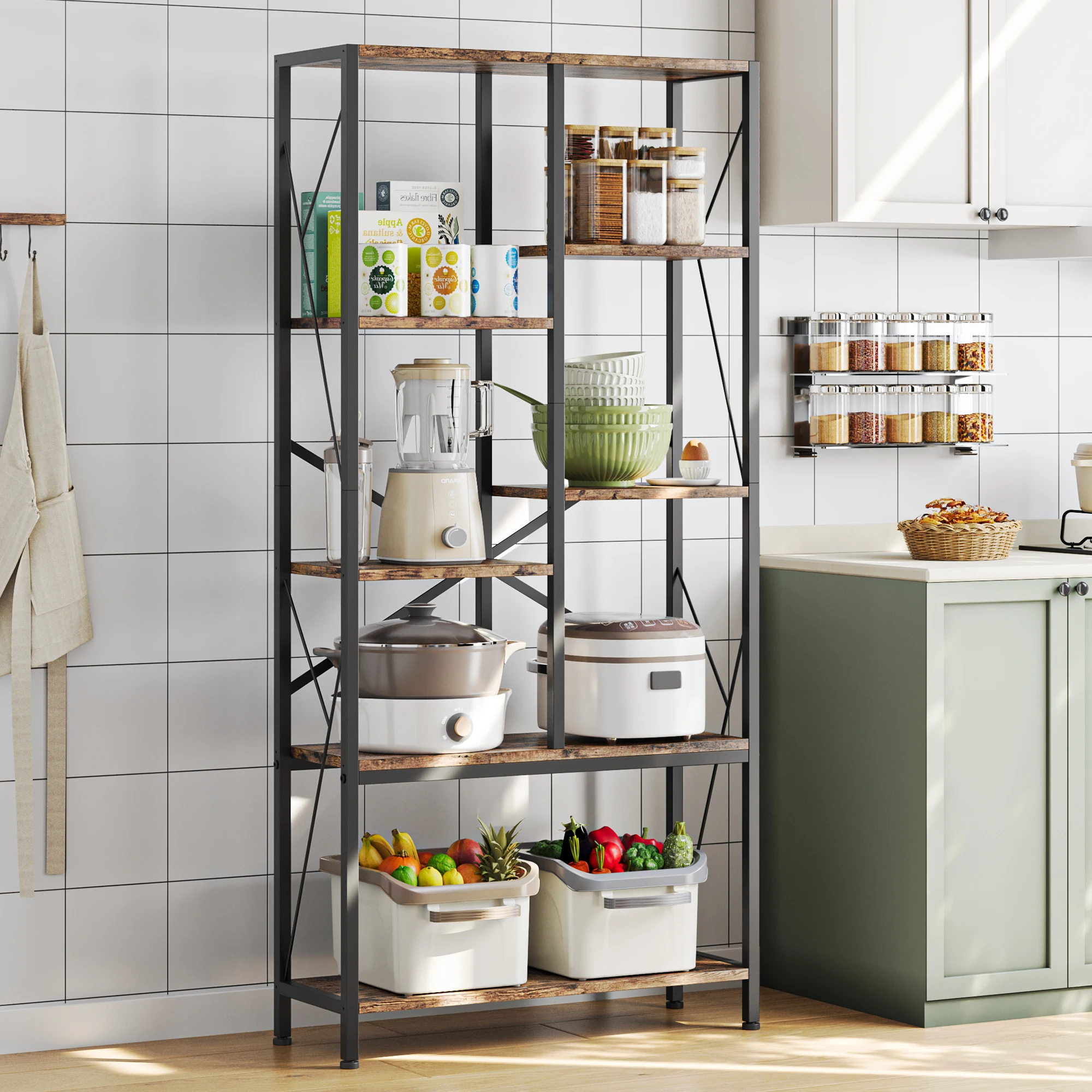 Industrial Bookshelf 80CM Split Level Vintage Storage Bookcase Tall Standing Metal Frame Open Display Racks Large Book Shelf