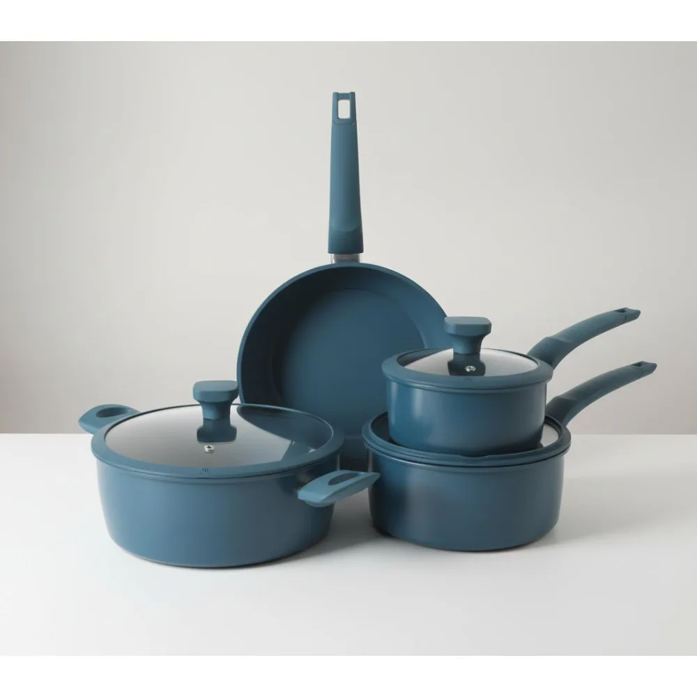 

7-Piece PFA-Free Ceramic Nonstick Carbon Steel Cookware Set - Blue Pots & Pans with Glass Lids, Induction Safe