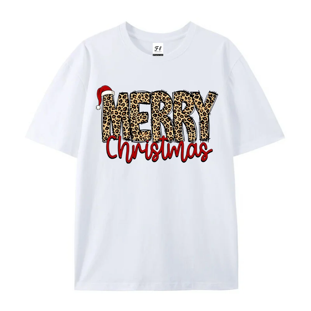 Women T Shirt Merry Christmas Leopard Letter Print Short Sleeve Crewneck Casual Loose Cotton  Tops Graphic Tees