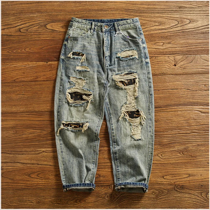 

Heavy retro jeans for men, loose straight tapered high street fashion, distressed pants, autumn men's clothing