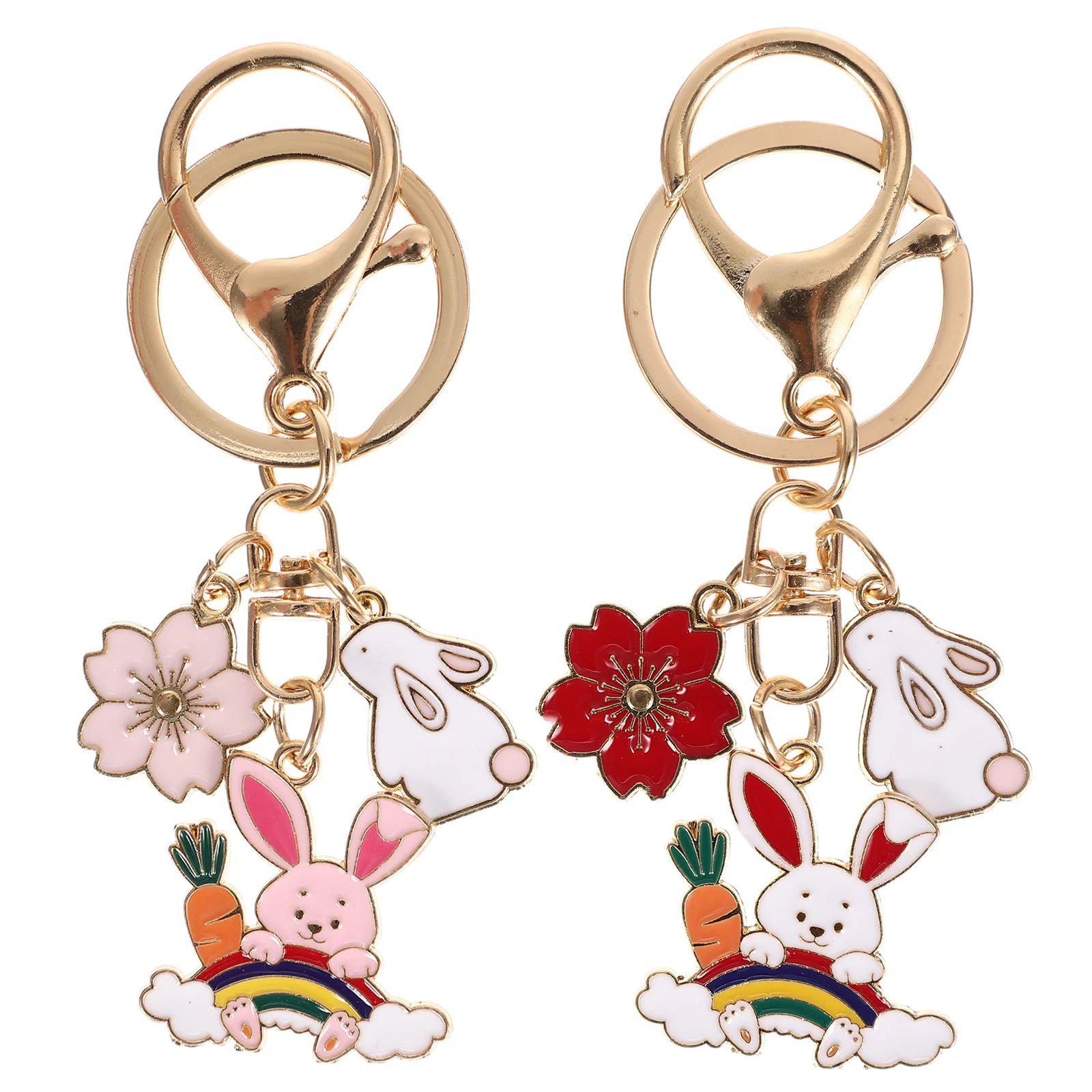 

2pcs Rainbow Rabbit Keychain Flower Design Alloy Key Ring For Women Bag Charm Pendant Bunny Keychains Decorative Key Chain