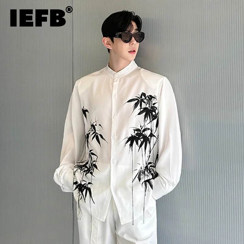 

Рубашка IEFB в китайском стиле для мужчин и женщин, стирка с бамбуковым принтом, бахромой и вышивкой, дизайнерская блуза с воротником-стойкой, одежда 9C7009