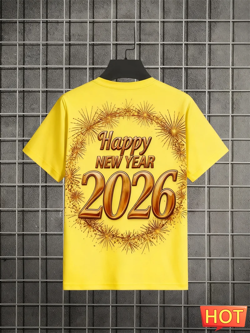 

2026 New Year Firework Graphic T Shirts Fashion Men Women Short Sleeve 3D Printed T-shirts Loose Breathable Crew Neck Tees Tops