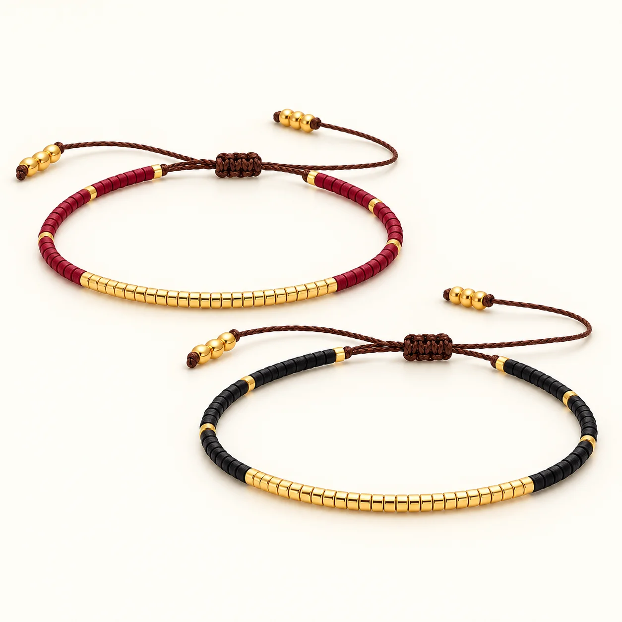 Couple Bracelets Matching Set His Hers Red Black Cord Gold Bead Adjustable Men Women Love Boho Fashion Jewelry Valentines Gift