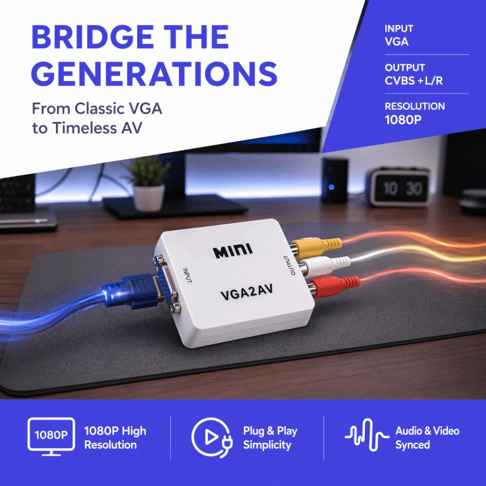 Plug and Play Mini VGA To AV Converter HD 1080P with Data Cable Audio Video Converter Composite Converter for TV PC Set Top Box