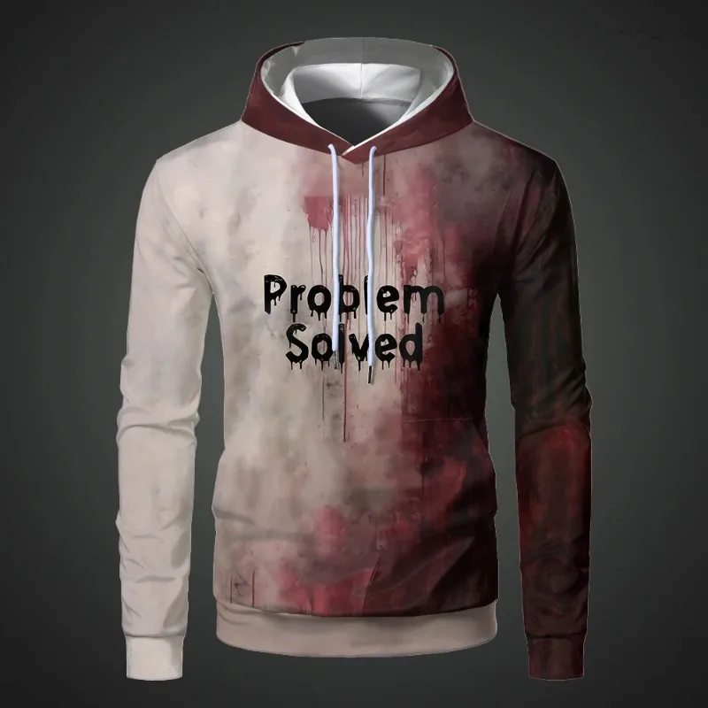 Vintage Bloody Men's Hoodies Problem Solved Blood Funny Weird Sweatshirts Halloween Casual Horror Retro Pullover Tops